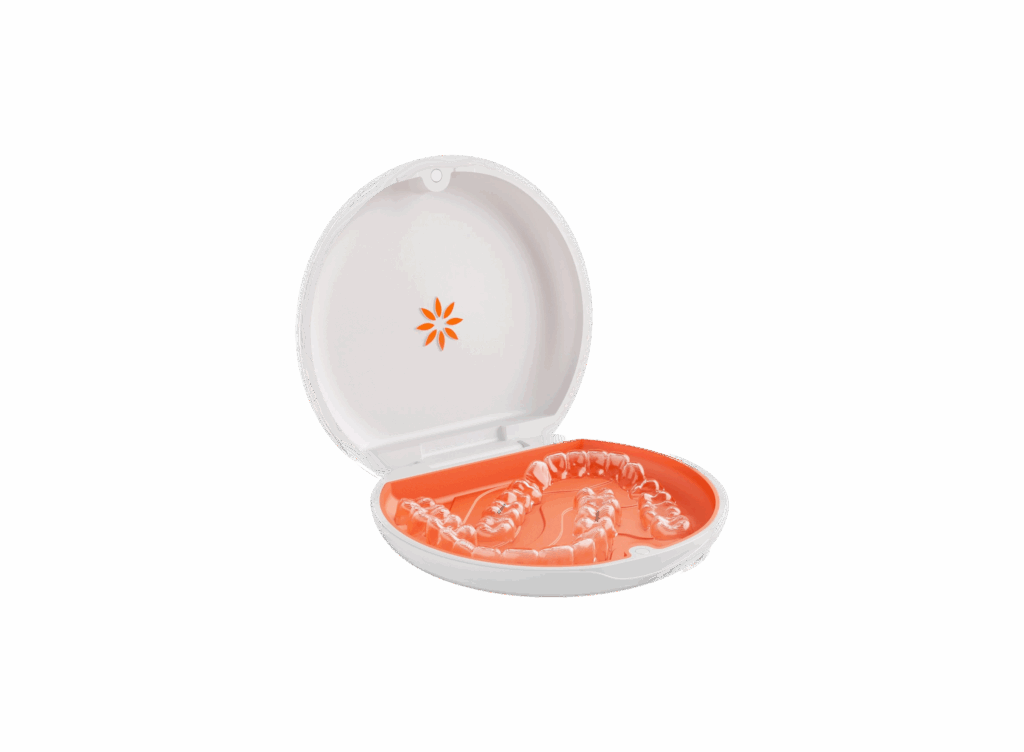 A set of high quality Vivera Retainers in a sleek orange and white Invisalign brand case